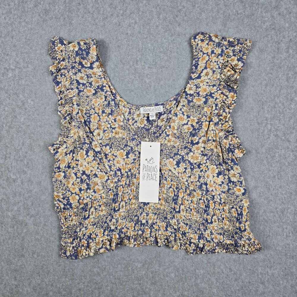 NWT Patrons of Peace Womens Large Smocked Floral Cropped V Neck Top - Picture 3 of 15